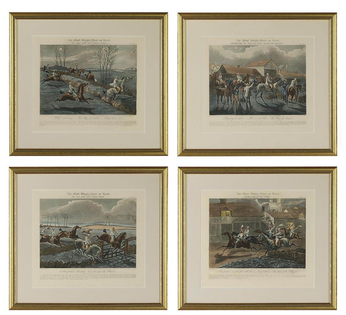 After Henry Thomas Alken (British, 1785-1851): After Henry Thomas Alken (British, 1785-1851) "The First Steeple-Chase on Record", plates I-IV four engravings with aquatint engraved by J. Harris and published by Ben Brooks, London, 1839. Each matte