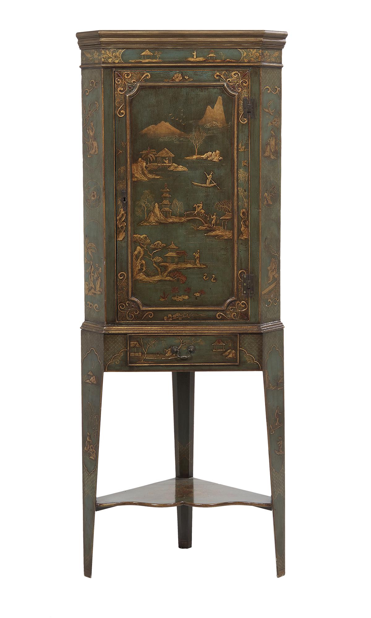 George III Polychrome Corner Cabinet: George III Polychrome Corner Cabinet late 18th century and later, the molded and canted cornice above a conforming case fitted with a single paneled cupboard door, opening to shaped shelves, raised on