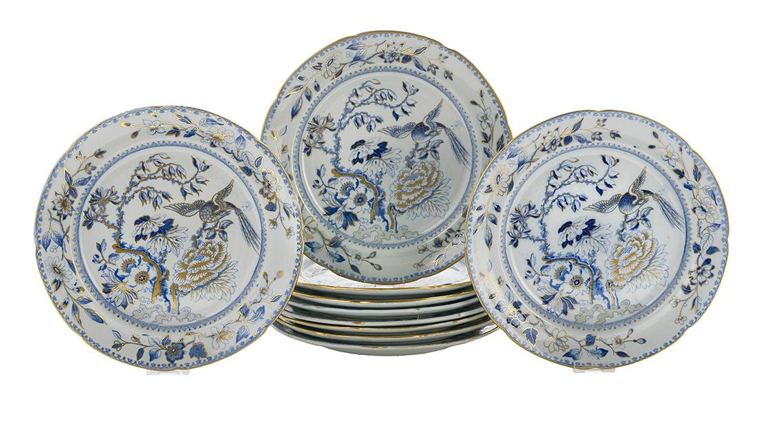 Ten Davenport Ironstone "Flying Bird" Plates: Assembled Set of Ten Davenport Ironstone "Flying Bird" Plates ca. 1814-1825, with the circular "DAVENPORT STONE CHINA" mark and gilt highlights. dia. 9-1/4" Provenance: Bruce McCashin Collection.
