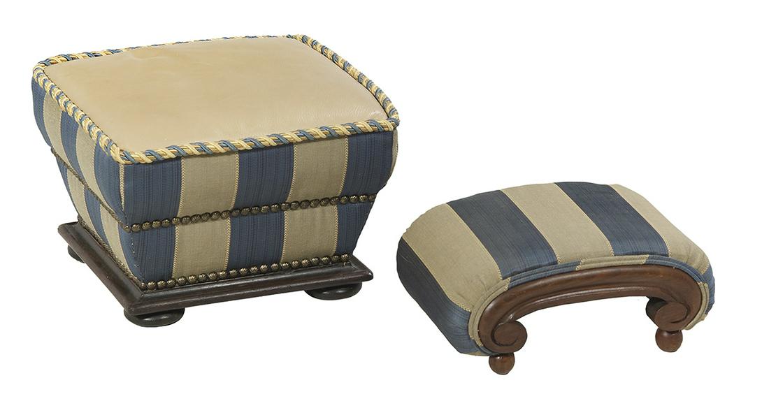 Two English Upholstered Footstools: Two English Upholstered Footstools second quarter 19th century, the larger stool with an ogee rosewood base and bun feet, h. 9", w. 12-1/2", d. 12-1/2", and the smaller stool with mahogany scroll carv