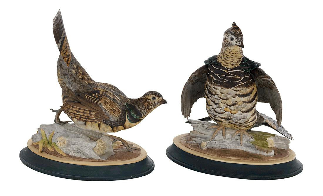 Pair of Boehm Porcelain Grouse Figures: Pair of Boehm Porcelain Grouse Figures American, second half 20th century, signed "Boehm USA" in script on the top of the bases. h. 11-1/4", w. 9-3/4", d. 7-5/8" Provenance: Bruce McCashin Collection.