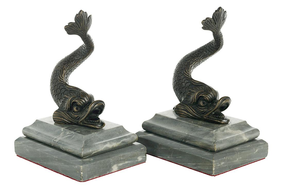 Pair of Regency Bronze and Marble Bookends: Pair of Regency Bronze and Marble Bookends second quarter 19th century, modeled as bronze classical dolphins on stepped gray marble bases. h. 8", w. 5-1/2" Provenance: Bruce McCashin Collection.