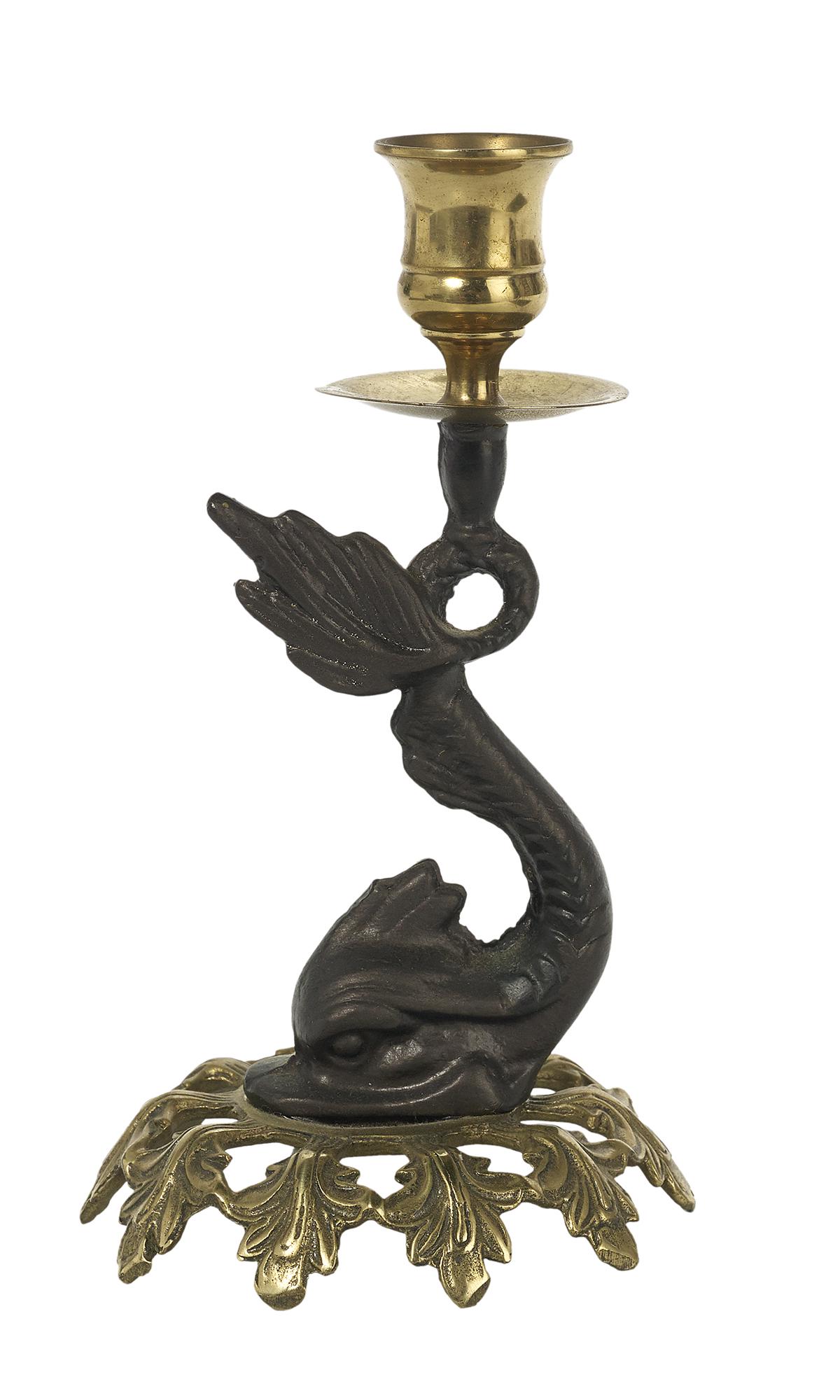 Pair of Regency-Style Dolphin-Form Candlesticks: Pair of Regency-Style Brass Dolphin-Form Candlestick 20th century. h. 7-3/4", dia. 4-3/4" Provenance: Bruce McCashin Collection.