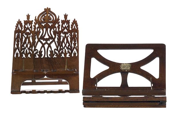 Two English Wooden Book Rests: Two English Wooden Book Rests 19th/20th century, including a Gothic Revival pierced rosewood example, mid-19th century, h. 14", w. 10-1/2", d. 10-1/2", and a mahogany example labeled "The Bershaw Book