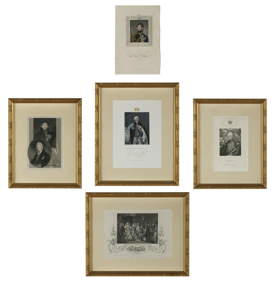 British School (19th Century): British School (19th Century) A set of five prints, including "The King", "George IV and William IV", "George III, Receiving the Turkish Ambassador and Suit", "His Most Gracious Majesty George William