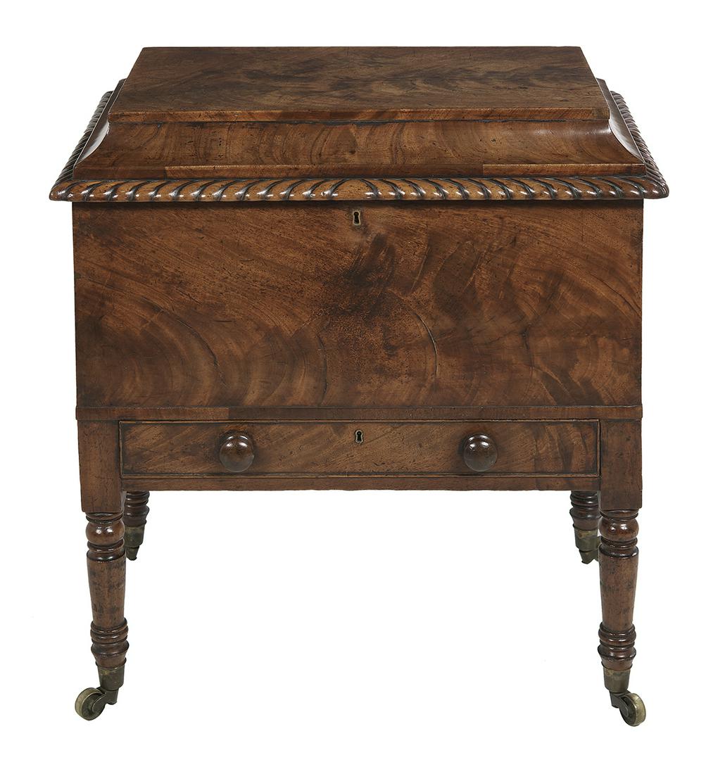 William IV Mahogany Cellarette: William IV Mahogany Cellarette second quarter 19th century, the stepped rectangular top with a gadrooned edge, and hinged and opening to a compartmented interior, the case fitted with a single drawer,