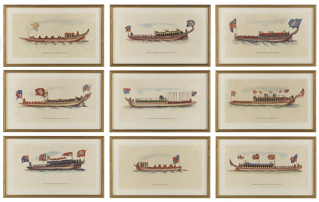 State Barges on the Thames, 1656-1807: State Barges on the Thames, 1656-1807 suite of nine vintage lithographs by Brian Allderidge, published London, Evelyn, 1959. Each matted, glazed and framed alike. sight 7-1/2" x 14", framed 10-1/2" x 