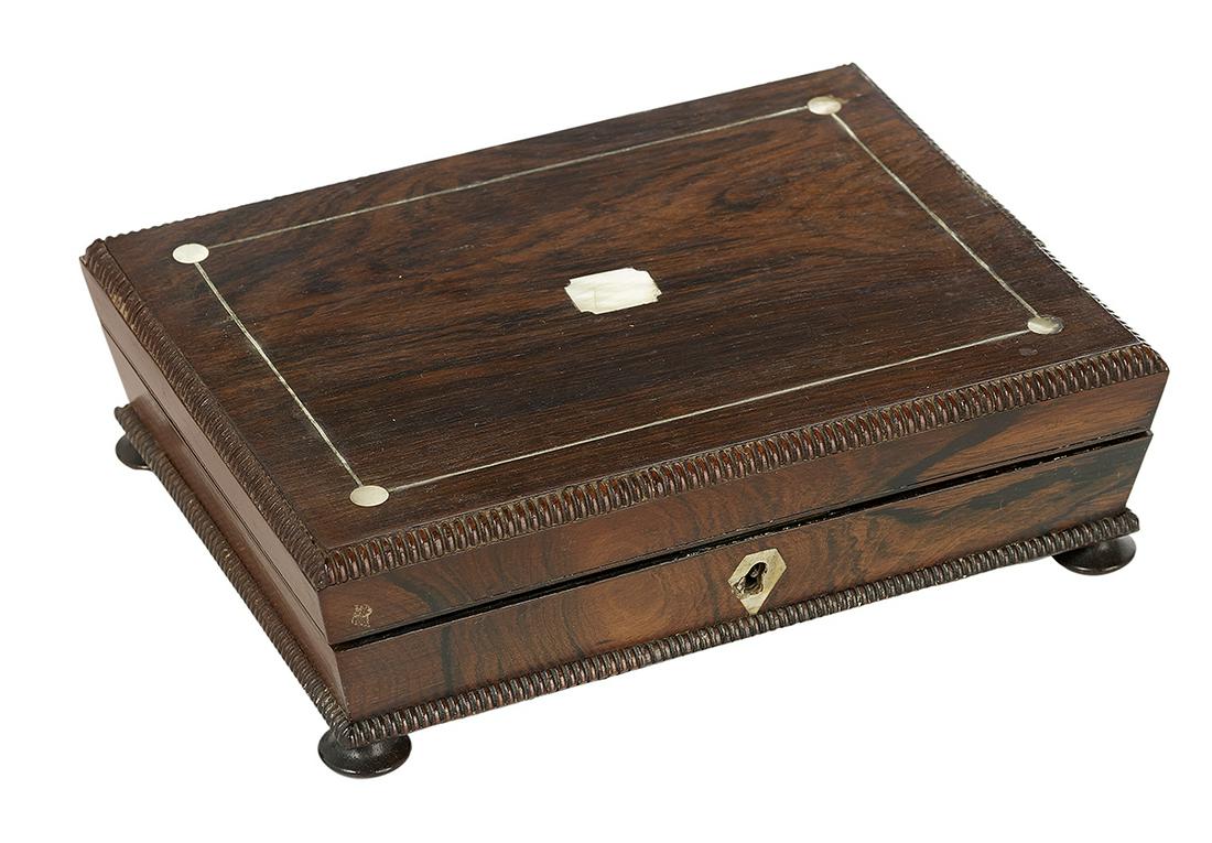 Victorian Rosewood and Mother-of-Pearl Box: Victorian Rosewood and Mother-of-Pearl Box mid-19th century, the fitted interior divided, possibly for playing cards. h. 3", w. 9-3/4", d. 7-1/2" Provenance: Bruce McCashin Collection.