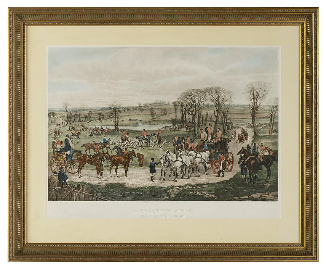 After Henry Thomas Alken (British, 1785-1851): After Henry Thomas Alken (British, 1785-1851) "A Promising Field, Meet of the Essex Fox Hounds", 1852 engraving in colors engraved by George Hunt and published by J. Moore. Matted, glazed and framed.
