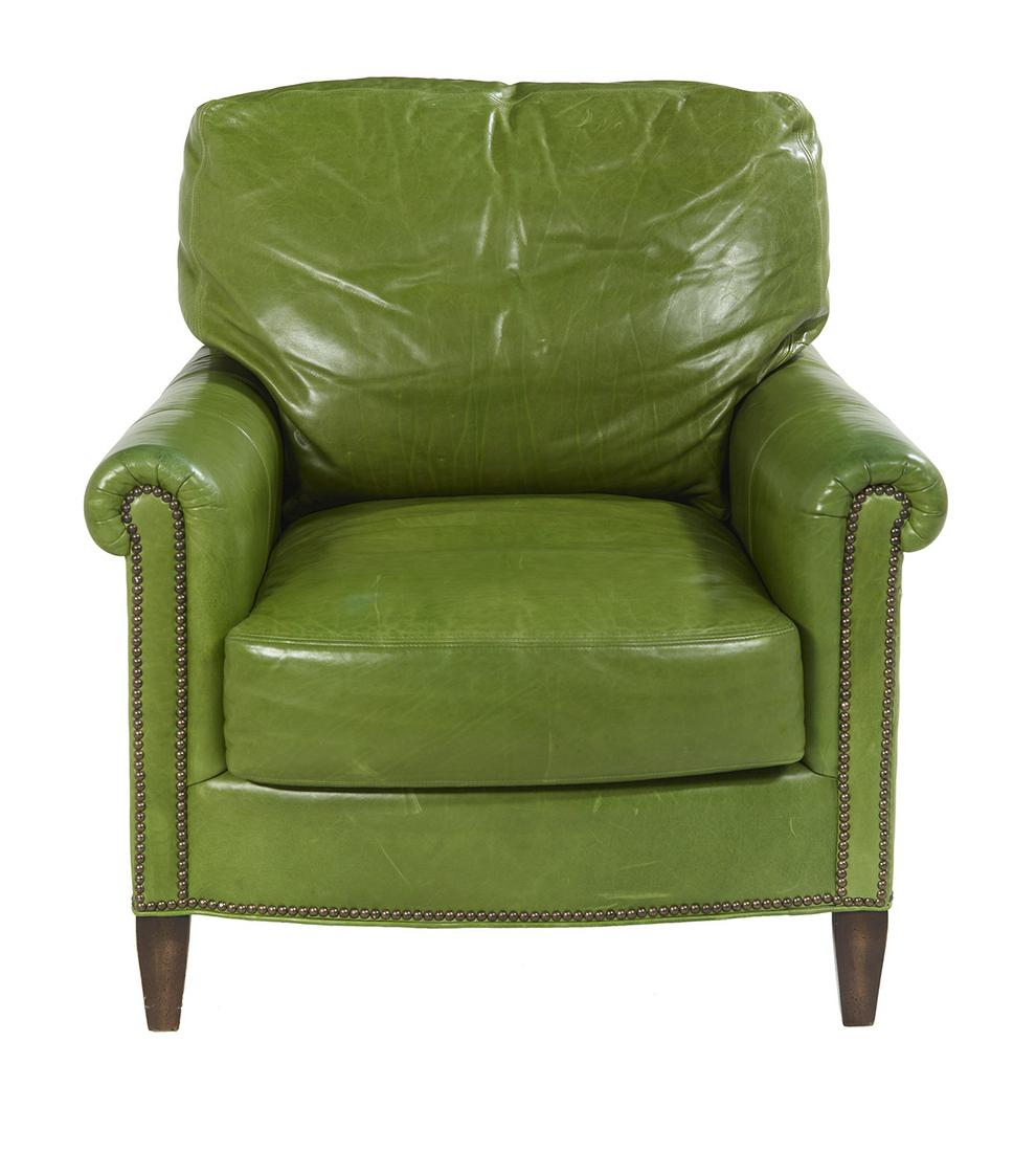 Edwardian-Style Leather Club Chair: Edwardian-Style Leather Club Chair of generous proportions, with a loose seat and back cushion, shaped closed arms adorned with brass hobnails and bowed front seat rail, in green upholstery and labele