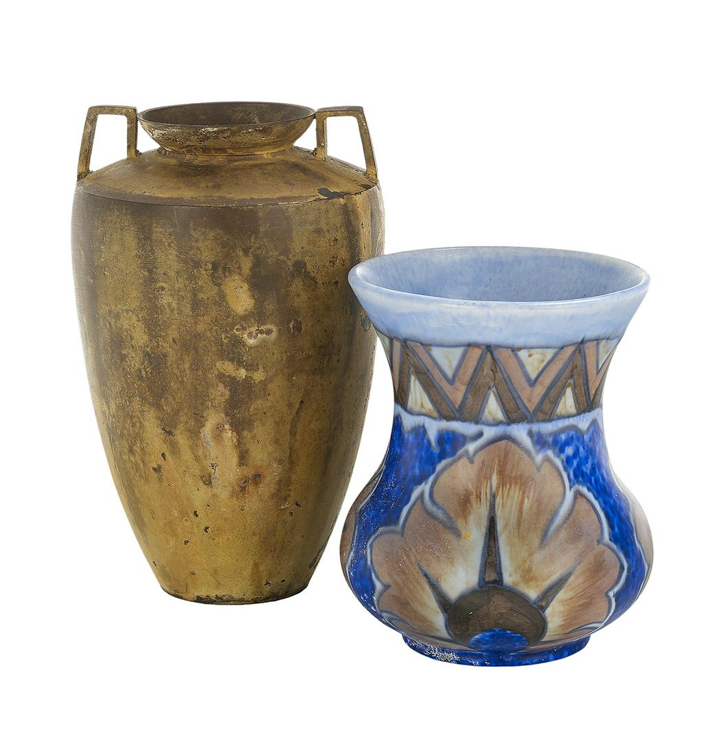 Clews Chameleon Ware Vase and Metal Vase: Clews Chameleon Ware Vase and an Arts and Crafts Metal Vase English, 1920-1939, the Chameleon Ware vase signed on the bottom, h. 5-1/2", dia. 4-1/4", the metal handled vase unmarked, h. 7-3/4", dia. 4