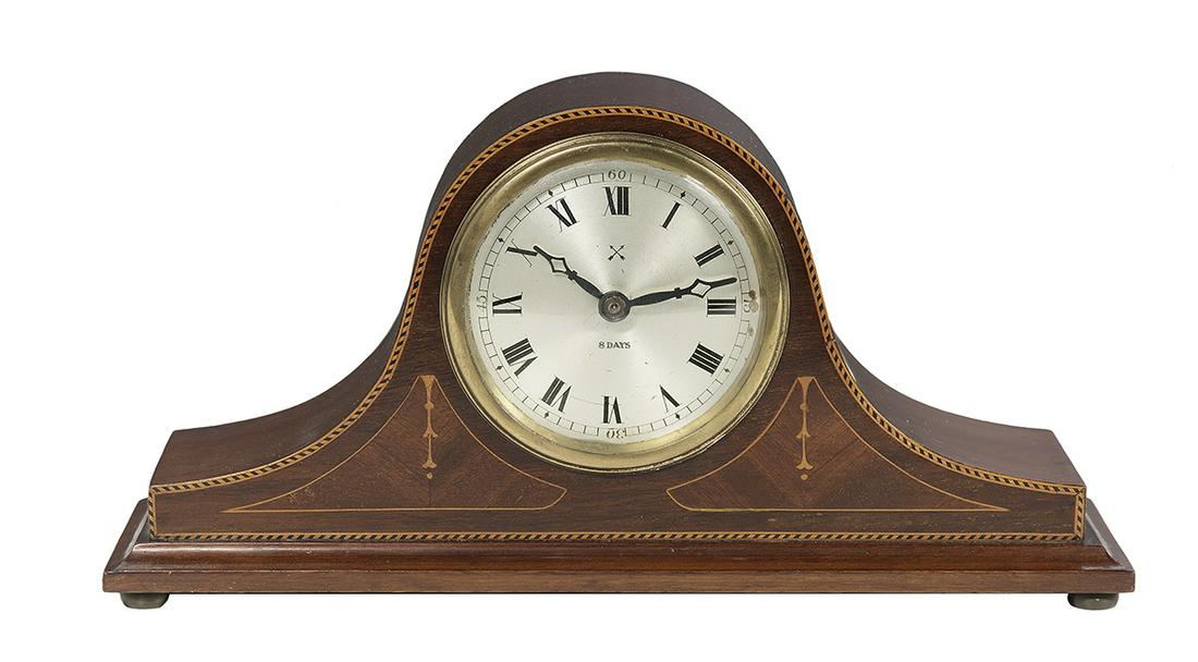 English Inlaid Mahogany Mantel Clock: English Inlaid Mahogany Mantel Clock second quarter 20th century, now with a battery-powered movement. h. 6", w. 11-1/4", d. 3-1/4" Provenance: Bruce McCashin Collection.
