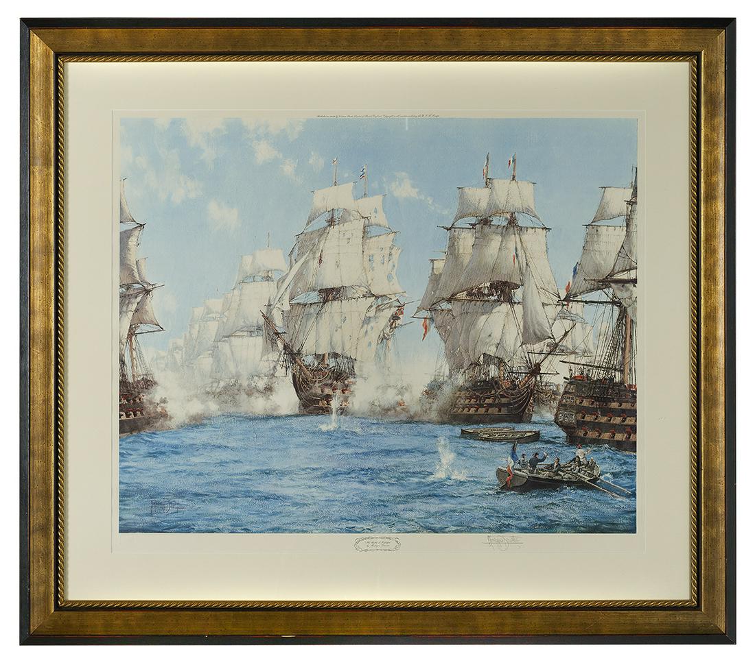 Montague Dawson (British, 1890-1973): Montague Dawson (British, 1890-1973) "Battle of Trafalgar", 1972 lithograph in colors pencil-signed lower right, signed in print lower left, also titled and dated in print. Matted, glazed and framed. 