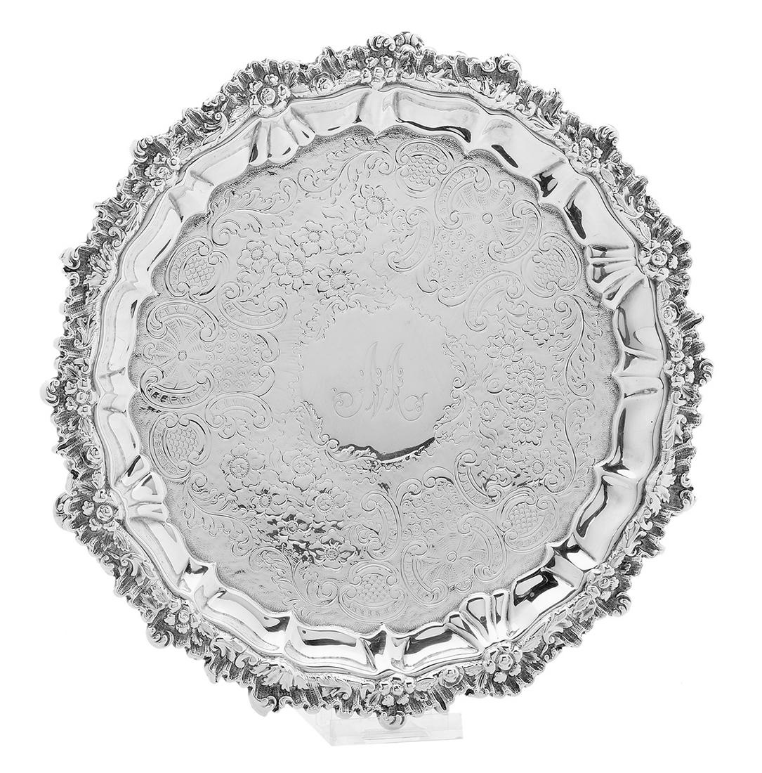 George IV Sterling Silver Waiter: George IV Sterling Silver Waiter hallmarked Sheffield, 1822-1823, by Waterhouse, Hodson & Co., circular with "Chippendale" rim and applied rococo floral edge, the plateau engraved with a wide band of