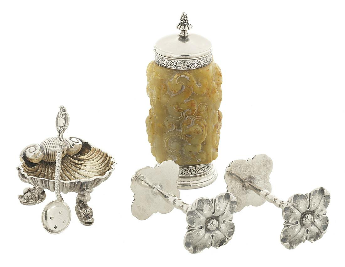 Five Pieces of Silver Small Tableware: Five Pieces of English and Other Sterling Silver Small Tableware including: a salt cellar and spoon, hallmarked Birmingham, 1862-1864, by Henry Hyde Aston, the cellar coquille form with dolphin feet, 
