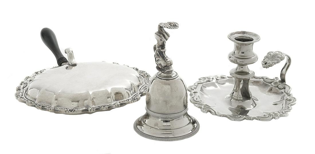 Three Pieces of Silverplate Tableware: Three Pieces of Silverplate Tableware including: a rococo-style chamberstick, h. 4", dia. 6-1/2"; an International Silver "Countess" silent butler with turned wood handle, l. 11", w. 8"; and a dinner 