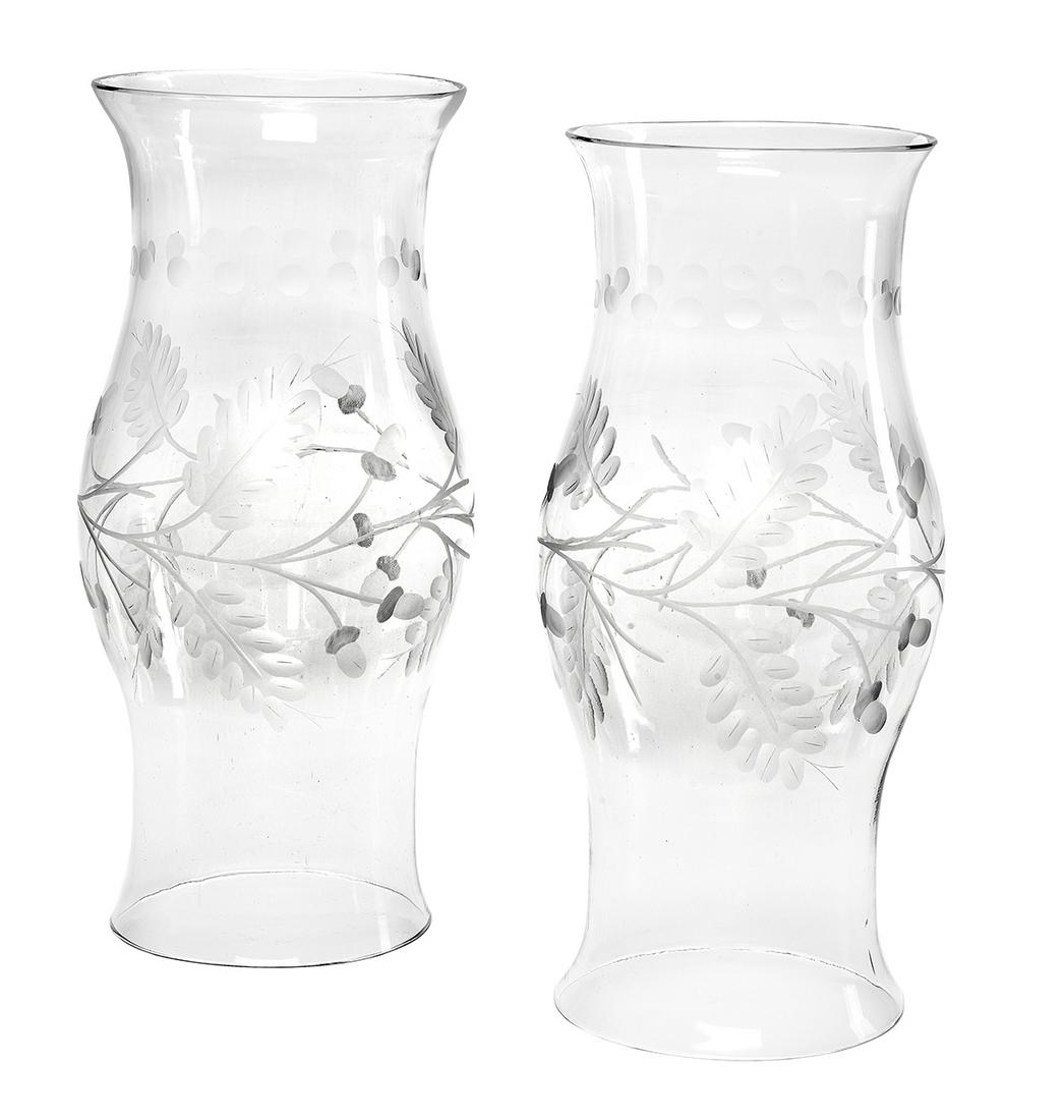 Pair of Colonial Revival Hurricane Shades: Pair of Colonial Revival Engraved Glass Hurricane Shades mid-20th century, decorated with oak leaves and acorns. h. 15-1/2", dia. 6-1/4" Provenance: Bruce McCashin Collection.