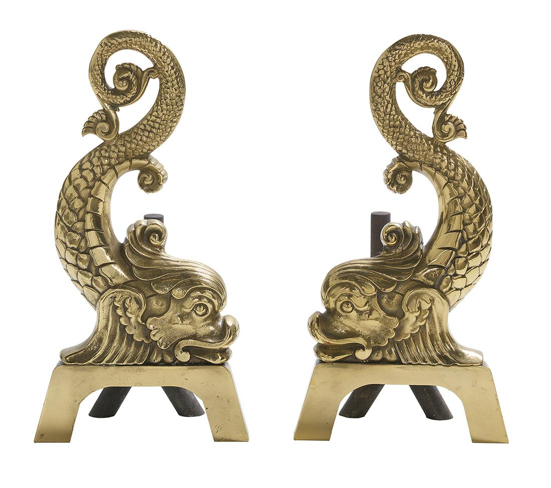Pair of Brass Dolphin-Form Andirons: Pair of Brass Dolphin-Form Andirons ca. 1886-1900, made by Bradley and Hubbard, Meriden, Connecticut, and marked "B&H, patent 9512". w. 8-1/2", d. 19" Provenance: Bruce McCashin Collection.