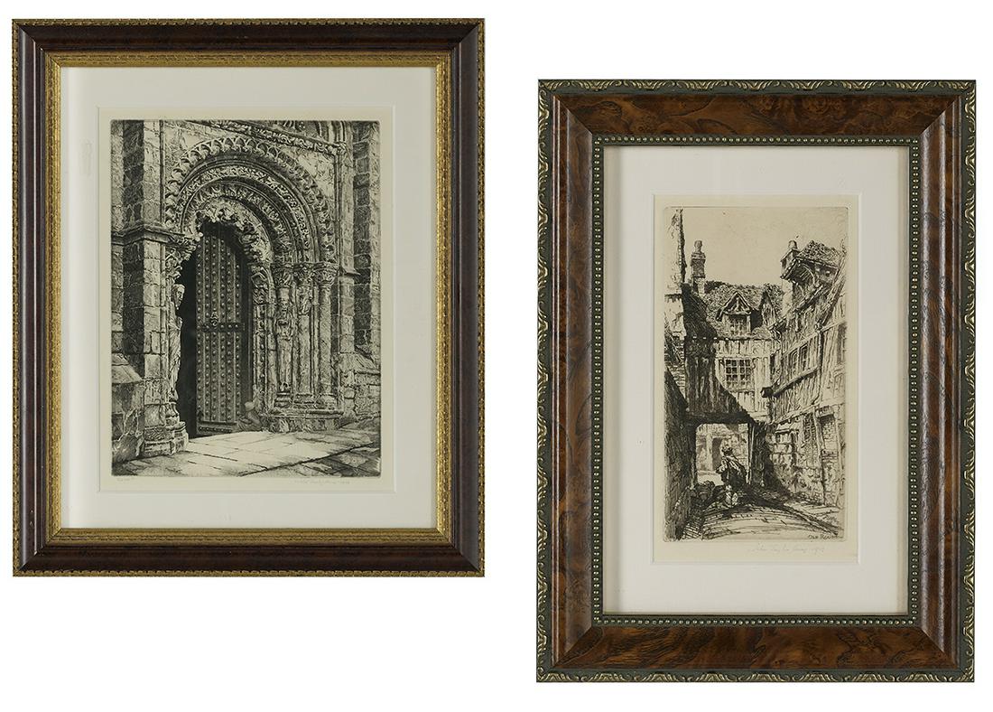 John Taylor Arms (American, 1887-1953): John Taylor Arms (American, 1887-1953) "Old Rouen", 1927 and "Study in Stone, Cathedral of Orense", 1933 two etchings on paper each pencil-signed and dated lower margin, former titled in plate lower r