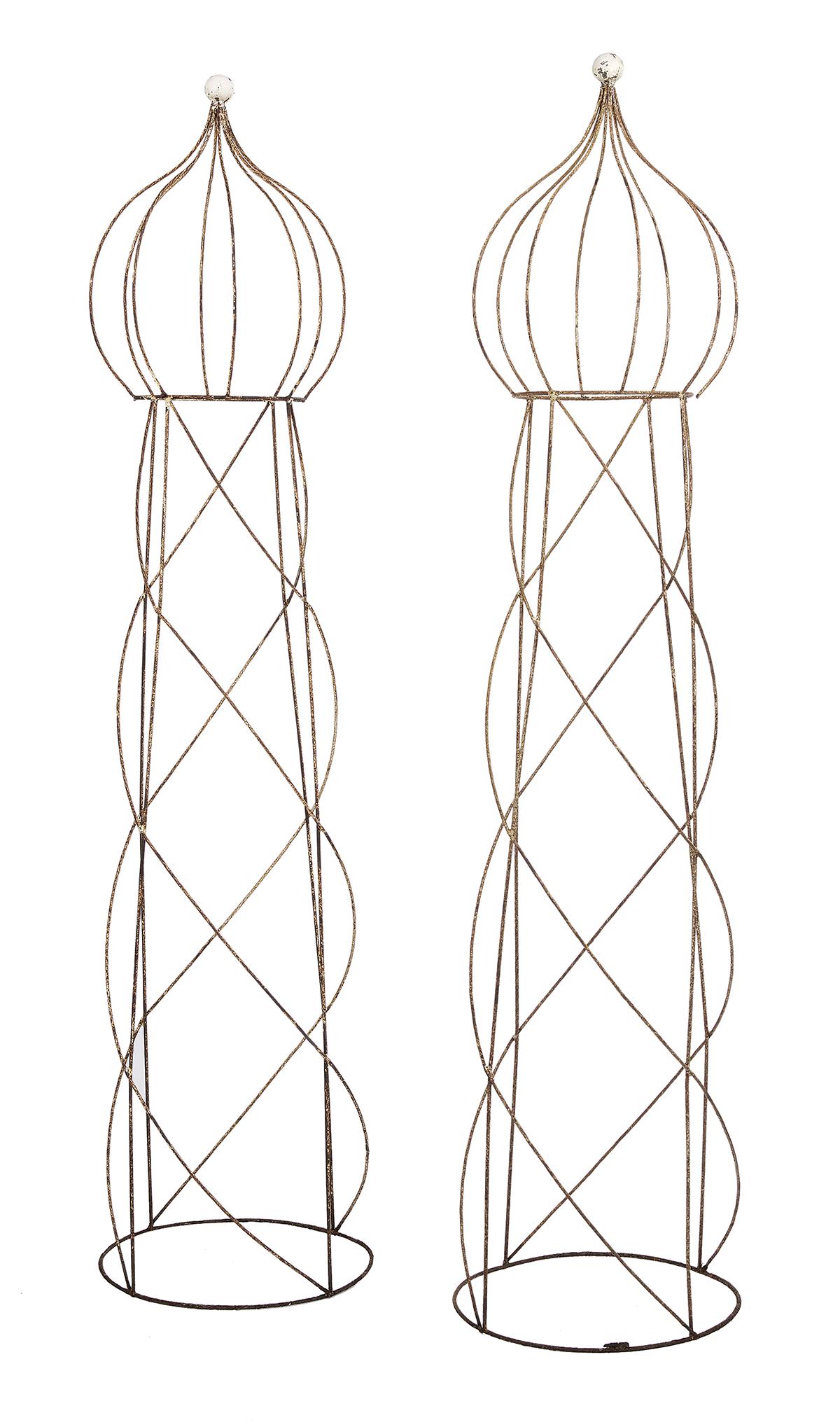 Pair of Moorish-Style Wirework Topiary Frames: Pair of Large Moorish-Style Wirework Topiary Frames each with a finialed onion dome top above a tapering standard. h. 80", dia. 19-1/2" Provenance: Bruce McCashin Collection.
