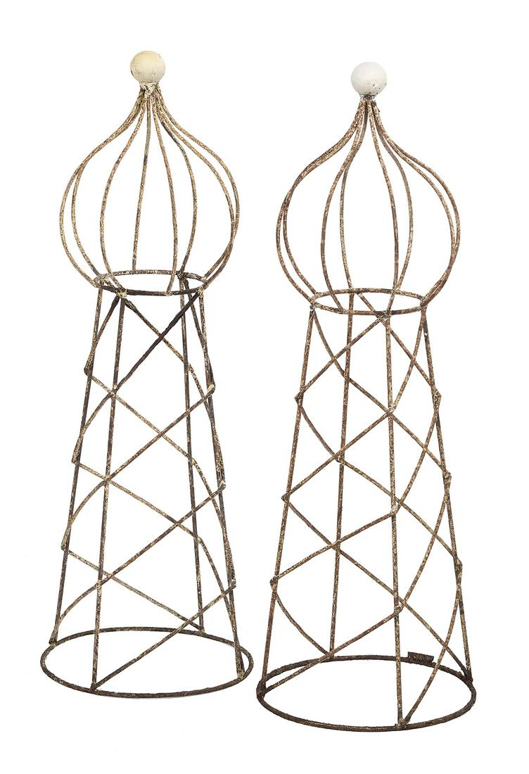 Pair of Moorish-Style Wirework Topiary Frames: Pair of Moorish-Style Wirework Topiary Frames each with a finialed onion dome top above a tapering standard. h. 36-3/4", dia. 12-1/2" Provenance: Bruce McCashin Collection.