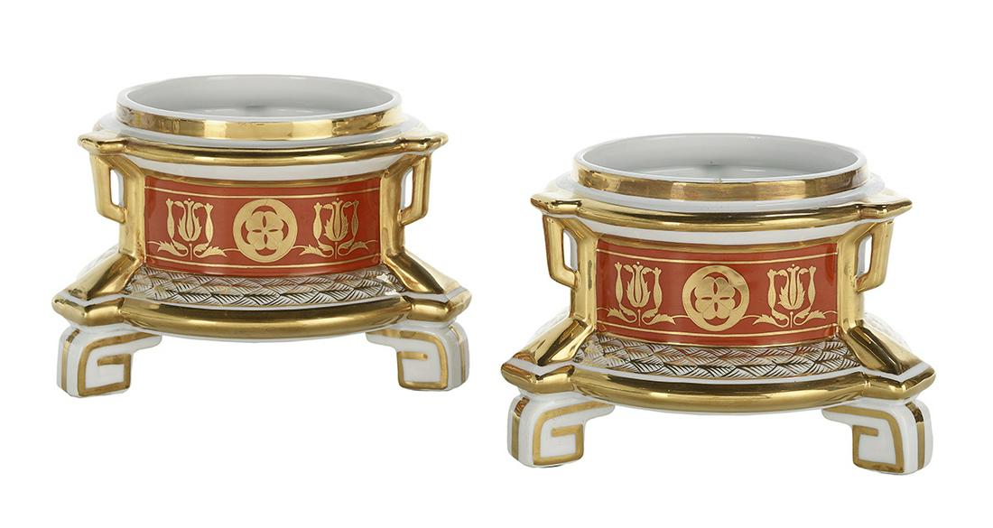 Pair of Paris Porcelain-Style Bottle Coasters: Pair of Paris Porcelain-Style Bottle Coasters 20th century, signed "Chelsea House". h. 5", dia. 6-3/4" Provenance: Bruce McCashin Collection.