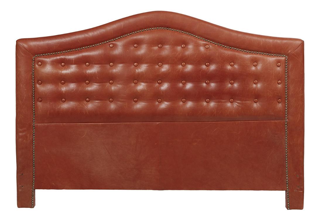 Contemporary Leather-Upholstered Headboard: Contemporary Leather-Upholstered Headboard of architectural form with a conforming button-tufted panel framed by brass tacks. h. 43-1/2", w. 60-1/2", d. 2-1/2" Provenance: Bruce McCashin Collection.