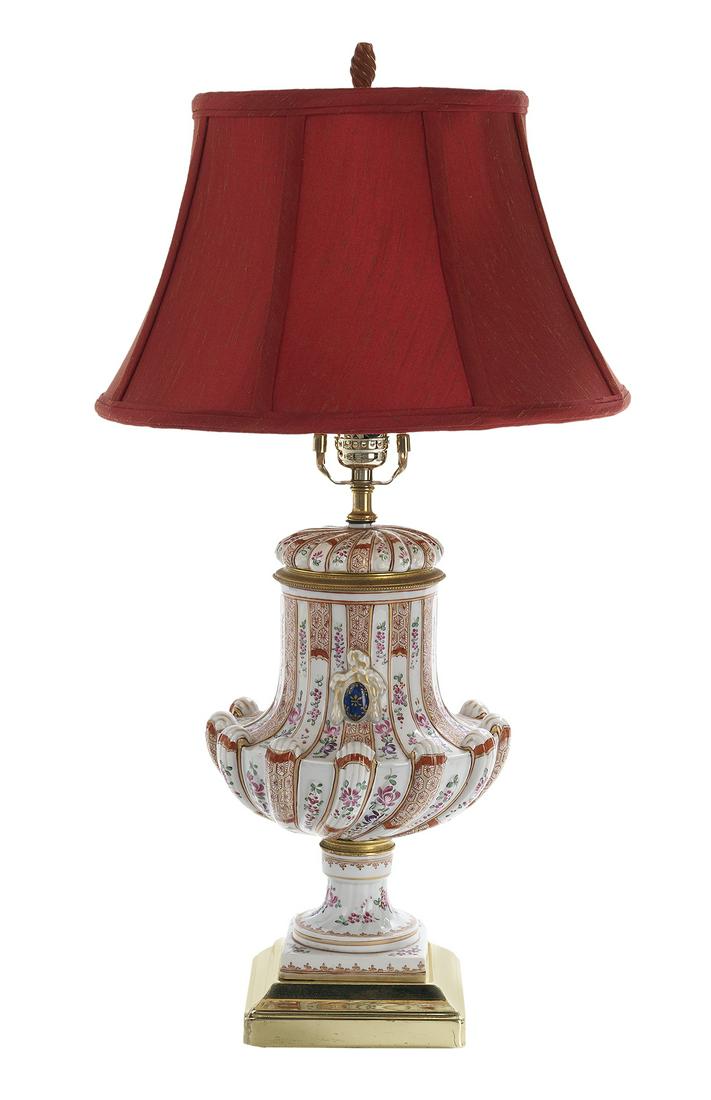 French Porcelain and Brass Lamp: French Porcelain and Brass Lamp 19th century, in the Sevres style, possibly Samson, mounted with a shade. h. 24-1/2", dia. 13" Provenance: Bruce McCashin Collection.