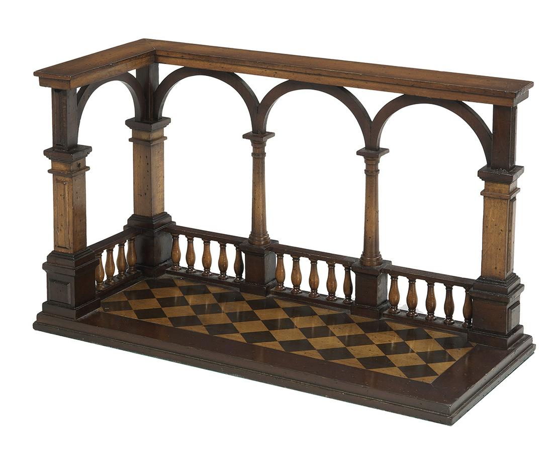 Mahogany and Pine Architectural Model Book Stand: Mahogany and Pine Architectural Model Book Stand in the 19th-century style, depicting a plaza, with a colonnade supporting arched openings, set with a balustrade framing a painted checkered floor. h.
