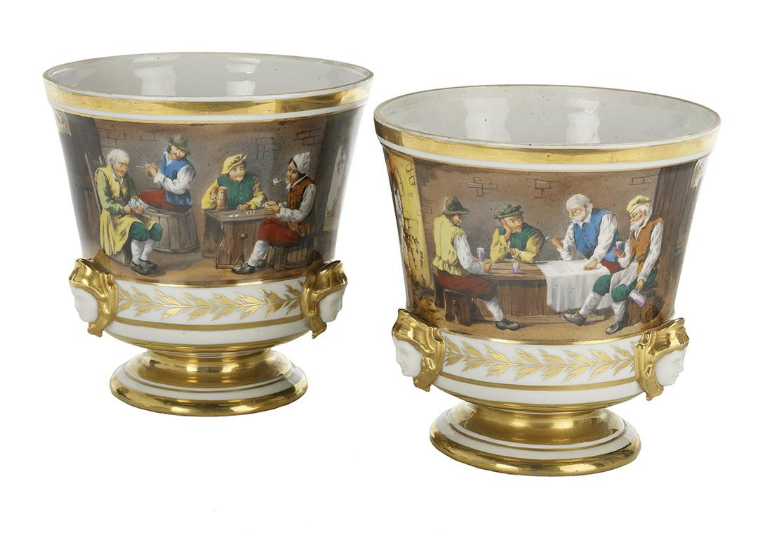 Pair of Paris Porcelain-Style Cachepots: Pair of Paris Porcelain-Style Hand-Painted Cachepots 20th century, Continental, decorated with "Italian Scenes" on the obverses and tavern scenes on the reverses, with spurious crossed swords marks. h
