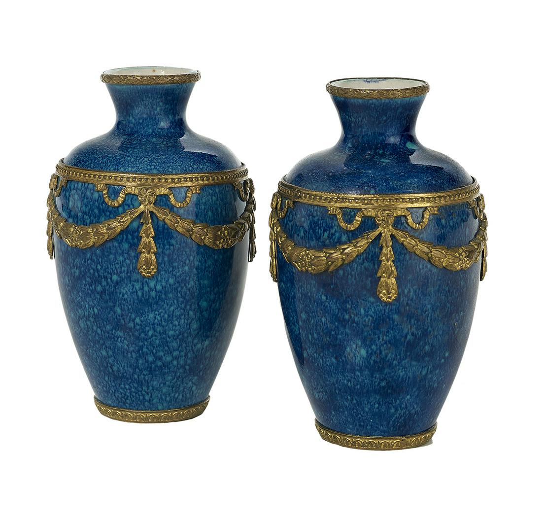 Pair of Paul Milet Pottery and Gilt-Brass Vases: Pair of Paul Milet Pottery and Gilt-Brass Vases French, second quarter 20th century, signed "MP Sevres" on the bases. h. 4-1/2", dia. 2-1/4" Provenance: Bruce McCashin Collection.