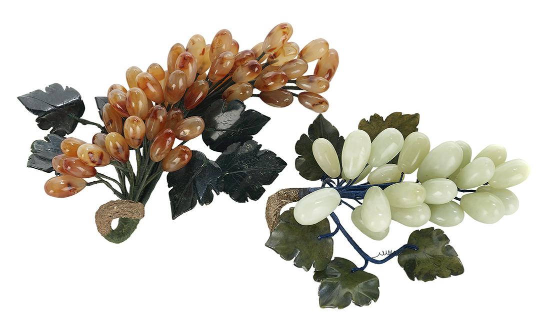 Two Bunches of Italian Hardstone Grapes: Two Bunches of Italian Hardstone Grapes mid-20th century, with wooden "vines". h. 2-1/2", w. 5" to 5-3/4", l. 8" to 10-1/2" Provenance: Bruce McCashin Collection.