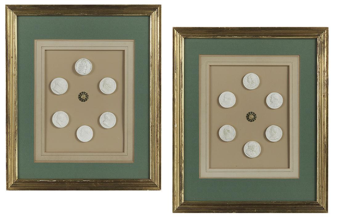 Twelve Italian Grand Tour Plaster Medallions: Collection of Twelve Italian Grand Tour Plaster Medallions of Notables second quarter 19th century, framed as two groups in matching giltwood shadowboxes. h. 17-1/2", w. 14-1/2" Provenance: Bruce McCa