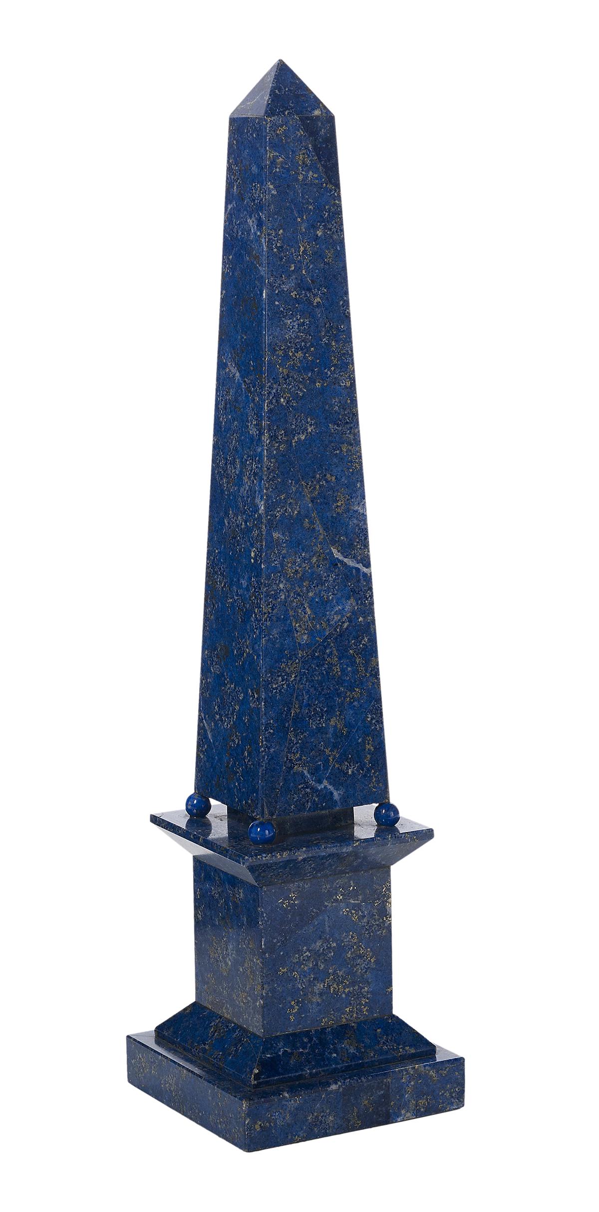 Lapis-Lazuli-Clad Stone Obelisk: Lapis-Lazuli-Clad Stone Obelisk 20th century, in the neoclassical taste. h. 15-1/2", w. 3-3/4", d. 3-3/4" Provenance: Bruce McCashin Collection.