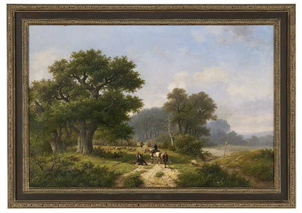 Hendrik Pieter Koekkoek, (Dutch, 1843-1895): Hendrik Pieter Koekkoek (Dutch, 1843-1895) "Travelers on the Country Road" oil on canvas signed lower center. Framed. 24" x 36", framed 29-1/2" x 41"