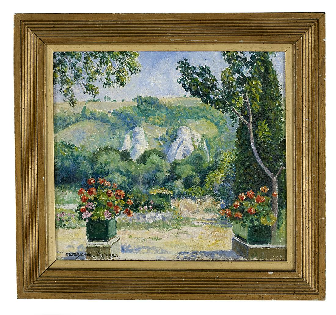 Georges Manzana Pissarro, (French, 1871-1961): Georges Manzana Pissarro (French, 1871-1961) "Paysage avec Jardiniere de Fleurs" oil on masonite signed lower left. Framed. 13" x 14-1/2", framed 17-1/2" x 18-3/4" Notes: Stern Pissarro Gallery has ki