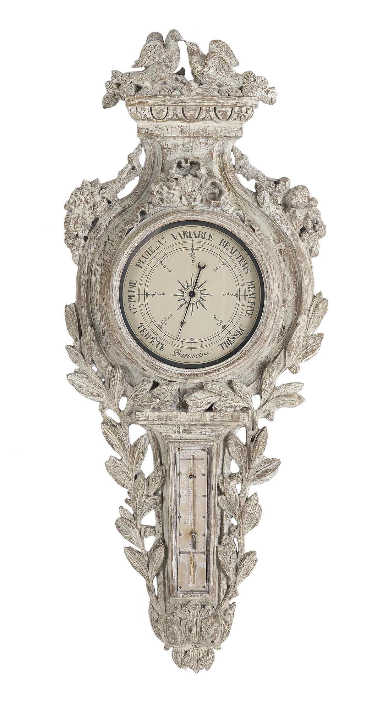 French Carved and Painted Barometer: French Carved and Painted Barometer 20th century, in the Louis XV taste, with a bowknot crest over the works, the thermometer flanked by pierced sprays of laurel leaves, the egg-and-dart top molding c