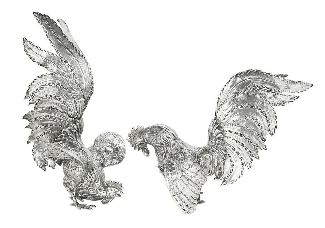 Pair of Silver Fighting Cockerel Figures (1 of 1)