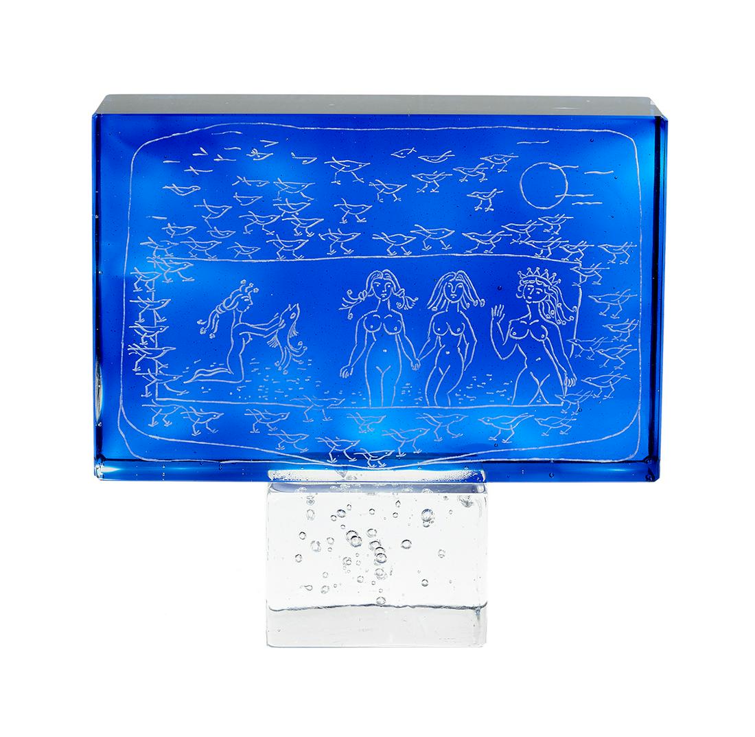 Robert Willson, (American/Texas, 1912-2000): Robert Willson (American/Texas, 1912-2000) "Nymph Tablet" etched blue glass plaque depicting nude female figures partially emerged in the sea, surrounded by a bird-filled moonlit sky, incised signatur