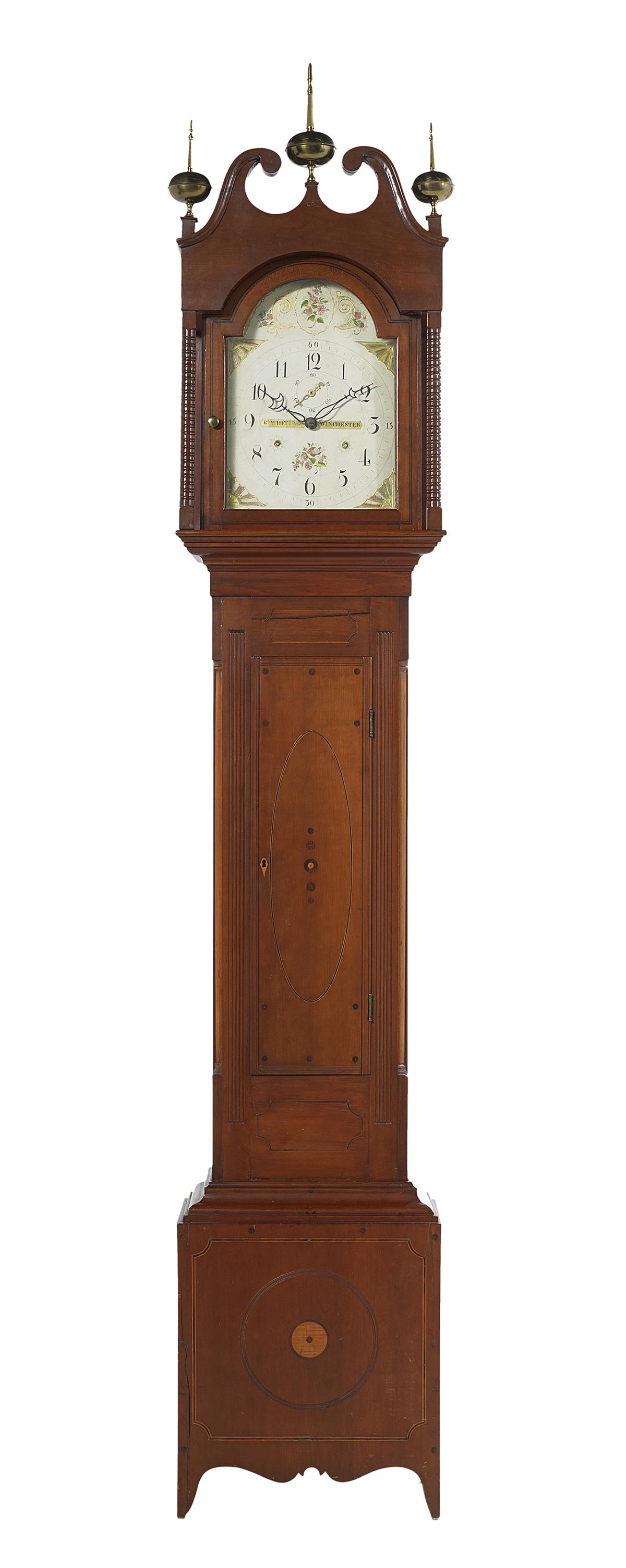 Riley Whiting Federal Cherry Tall Case Clock: Riley Whiting Federal Inlaid Cherry Tall Case Clock first quarter 19th century, the base inlaid with roundels and cut-cornered panels, the trunk set with a door with an inlaid oval and inlaid dots, fr