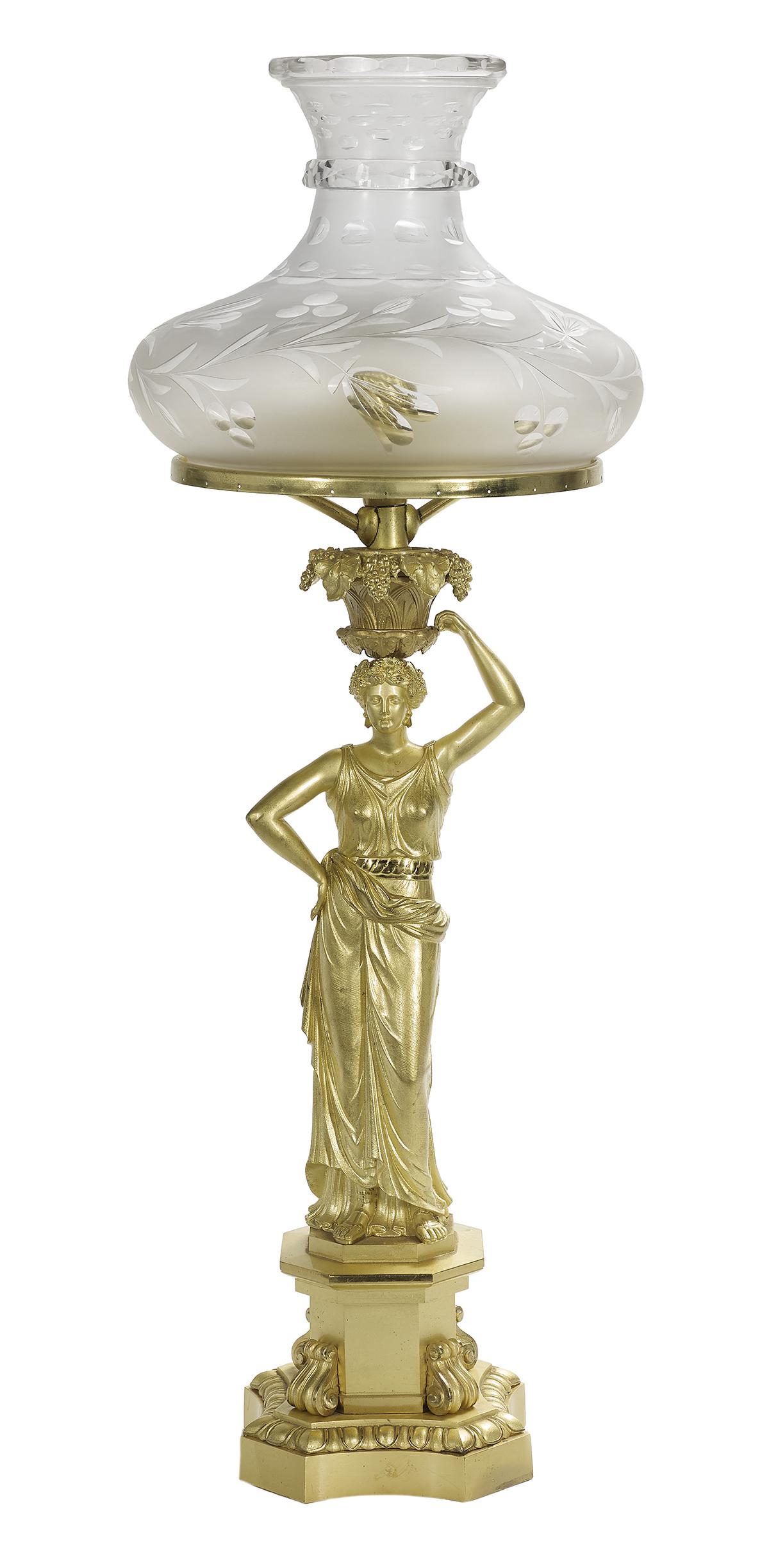 English Signed Messenger Sinumbra Lamp: English Signed Messenger Bronze and Glass Sinumbra Lamp second quarter 19th century, the standard depicting Amphictyonis, Greek goddess of wine, on a base decorated with molded brackets and lotus leav