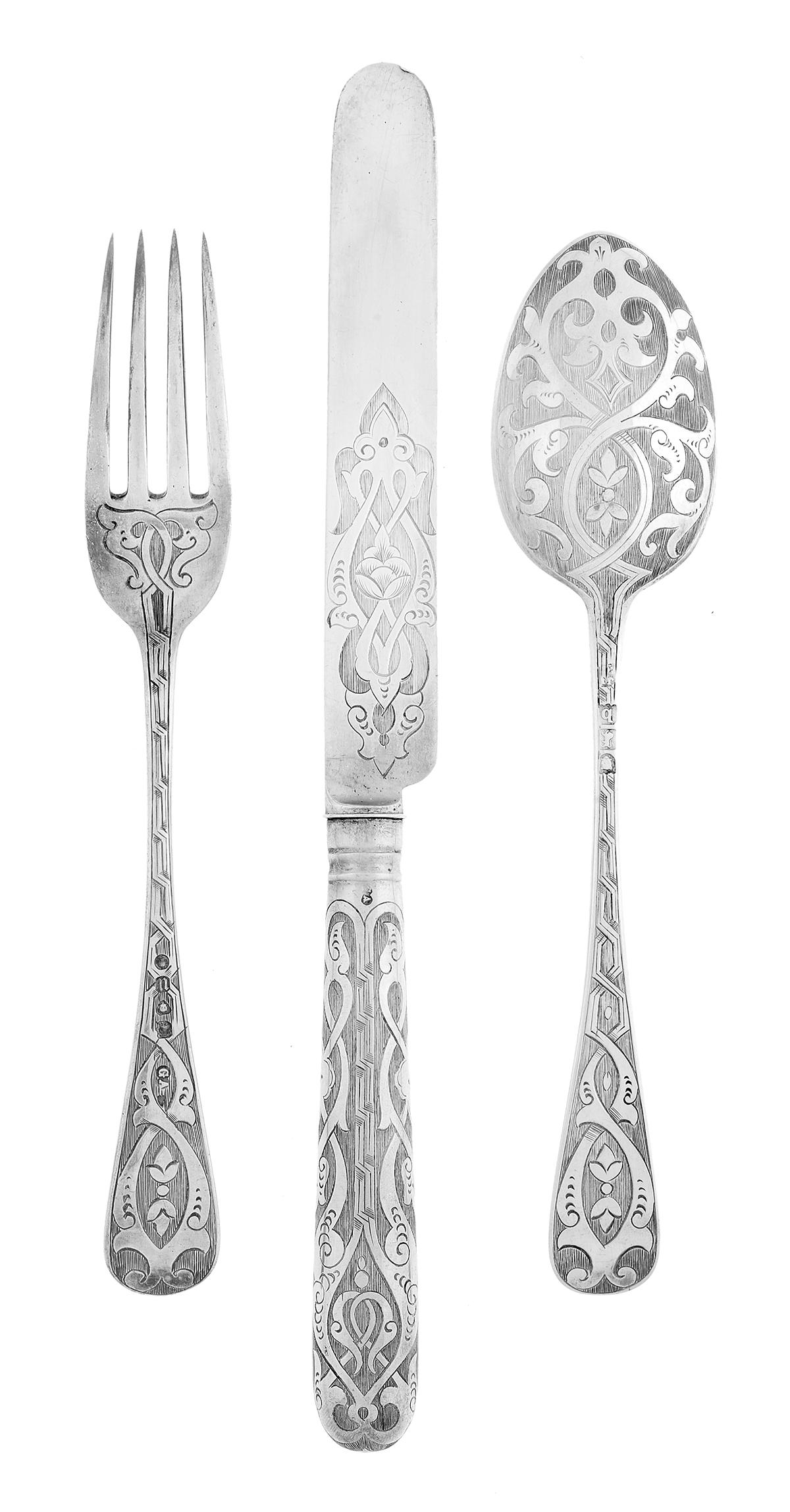 Cased Victorian Sterling Silver Christening Set: Cased Victorian Assembled Three-Piece Sterling Silver Christening Set fourth quarter 19th century, London, including a fork and knife hallmarked 1873-1875, by George W. Adams (Chawner & Co.) and a spo