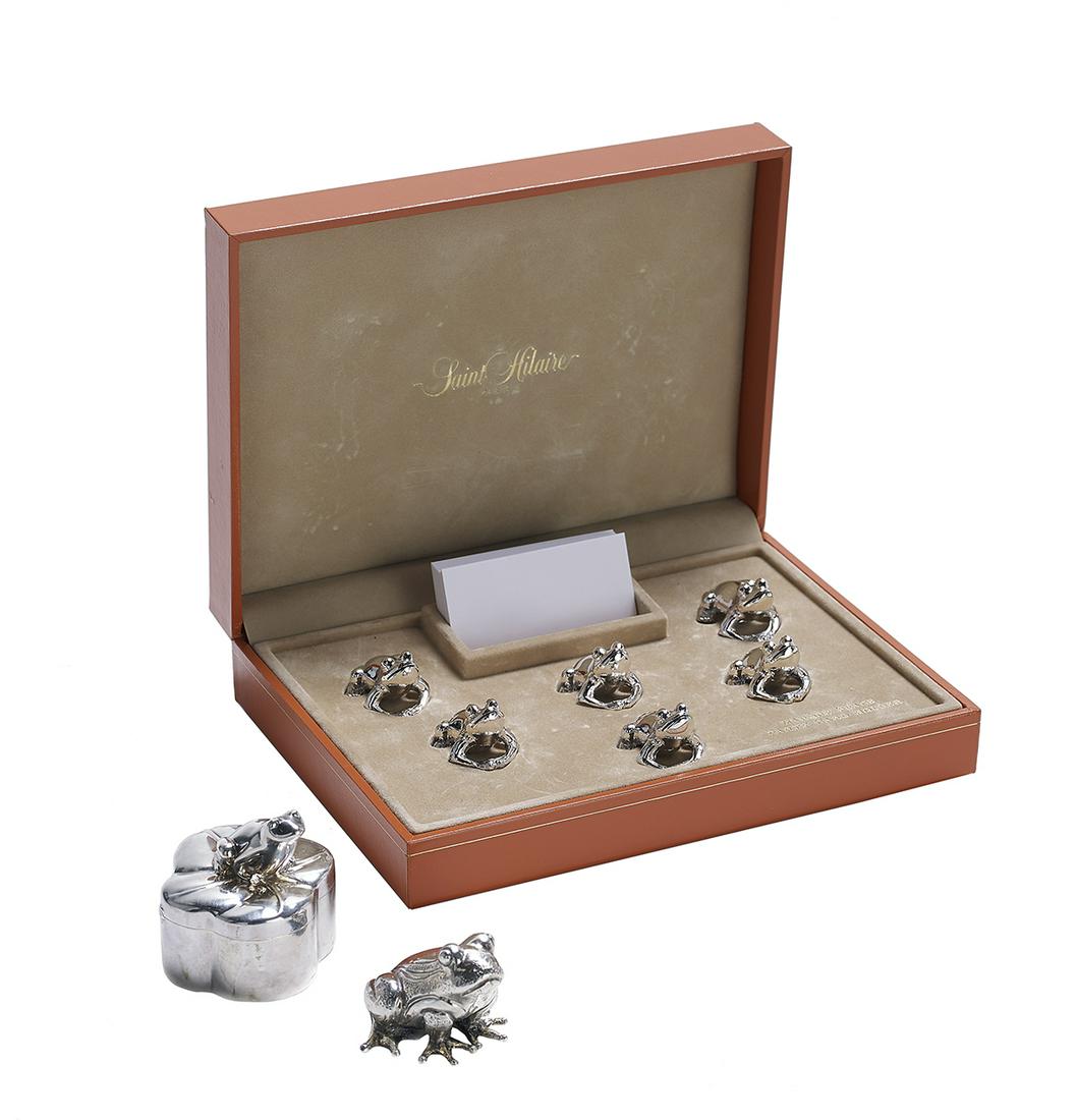 Continental Silver "Frog" Small Tableware: Collection of Continental Silver "Frog" Small Tableware contemporary, including: a sterling silver hinged "lily pad" bonbonniere by Luigi Pieraccioli & Cesare Cantini, Florence, for Tiffany & Co., wit