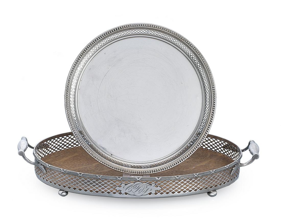 Two American Sterling Silver Drinks Trays: Two American Sterling Silver Galleried Drinks Trays mid-20th century, including: one by Wallace Silversmiths, Wallingford, Connecticut, circular with navette gallery and beaded rim, dia. 8-1/2"; and t