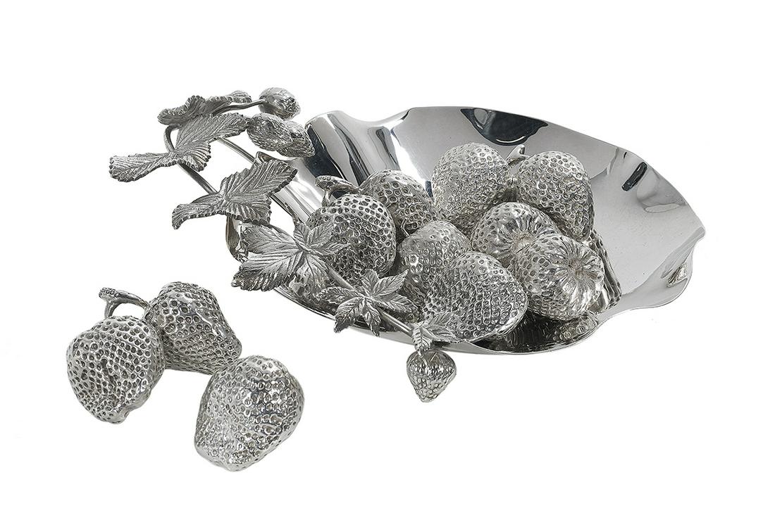 Silverplate Strawberry Dish & Silver Strawberries: Edwardian Silverplate Strawberry Dish with Later Silver Strawberries the silverplate dish 1901, by Walker & Hall, Sheffield, with wavy rim and figural strawberry stems, l. 9-1/2", w. 8-3/4"; the bonde
