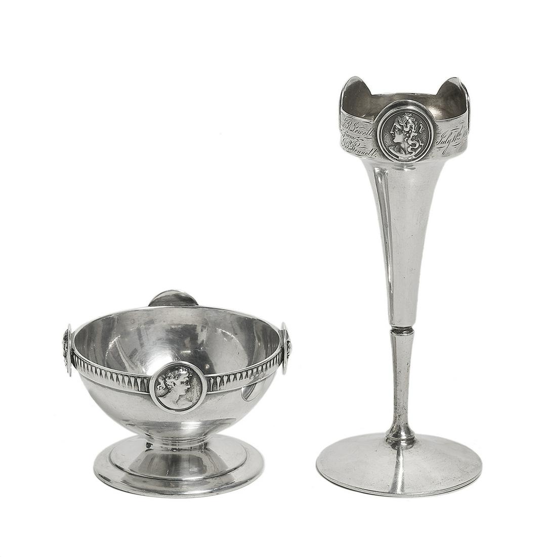 2 Pcs. Gorham "Medallion" Coin Silver Smallware: Two Pieces of Gorham "Medallion"” Coin Silver Small Tableware third quarter 19th century, Providence, Rhode Island, including: a bud vase, model 815, the trumpeting body with cylindrical collar deco