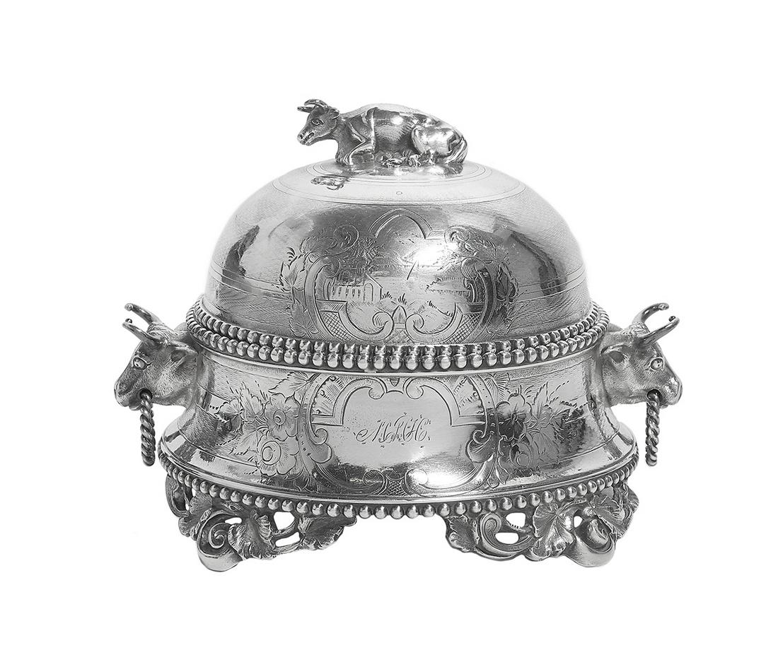Alabama Silver Covered Butter Dish: Alabama Silver Covered Butter Dish third quarter 19th century, by James Conning (ca. 1813-1872), Mobile, Alabama, of short waisted cylindrical form with beaded edging and ringed cow's masque handles, 