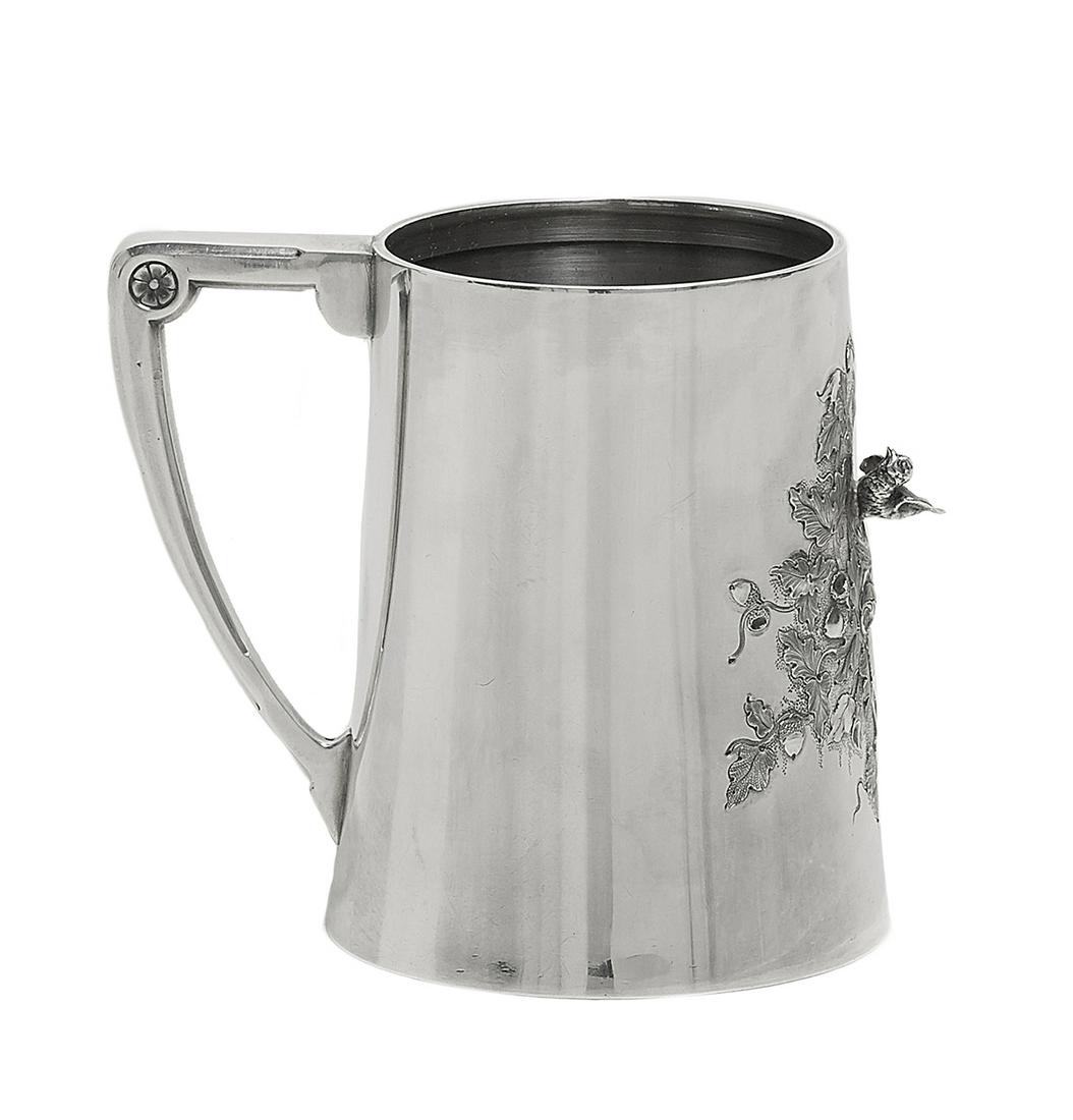Rare Gorham "Bird's Nest" Sterling Silver Mug: Rare Gorham "Bird's Nest" Sterling Silver Mug 1868, Providence, Rhode Island, of tapering cylindrical form, decorated with repousse flowers and acorns centering a bird's nest with applied bird, the sq
