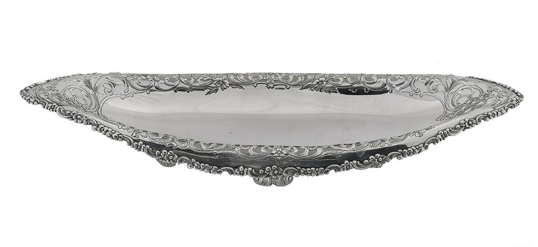 Tiffany & Co. Sterling Silver Bread Tray: Tiffany & Co. Sterling Silver Bread Tray the pattern introduced in 1895, New York, New York, this example before 1902, of navette form, the everted rim pierced and engraved with floral rococo scrolls,