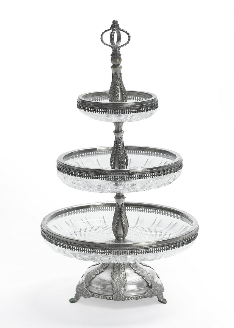 Italian Silverplate and Glass Tiered Fruit Stand: Italian Silverplate and Glass Tiered Fruit Stand first quarter 20th century, the baluster standard with applied acanthus fronds and fitted with three graduated circular pressed glass dishes, each with